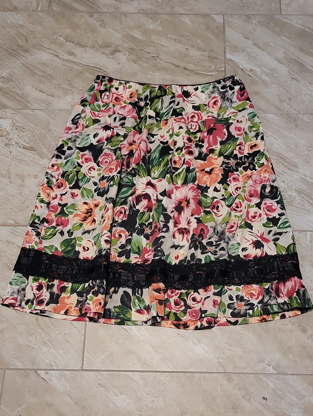 Charlotte Tarantola Floral A-Line Skirt in Pink, Green & Cream with Black Lace